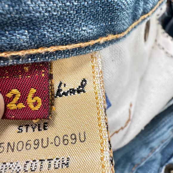 7 For All Mankind Dojo Flared Jeans Medium Wash Blue Low Rise Cotton Retro Sz 26 - Picture 11 of 12